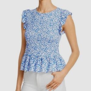 NWT Lost + Wander Marilyn Sleeveless Smocked Ruffle Blouse Top Large Blue